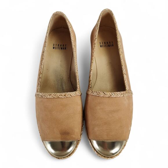 Stuart Weitzman Beige Nubuck Espadrille Flats 7 Braided Trim Cap Toe Spain - Picture 2 of 15
